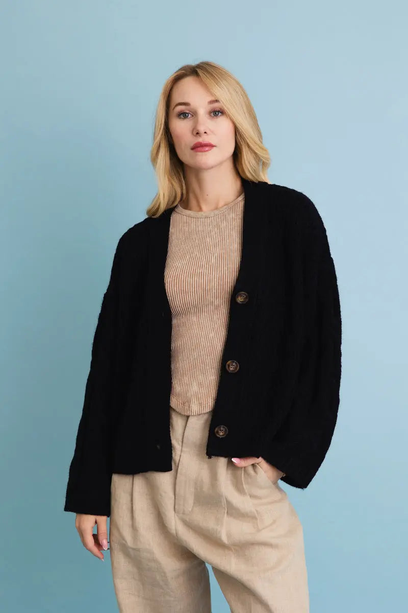 Black button-front cardigan with textured knit and long sleeves, side profile view.
