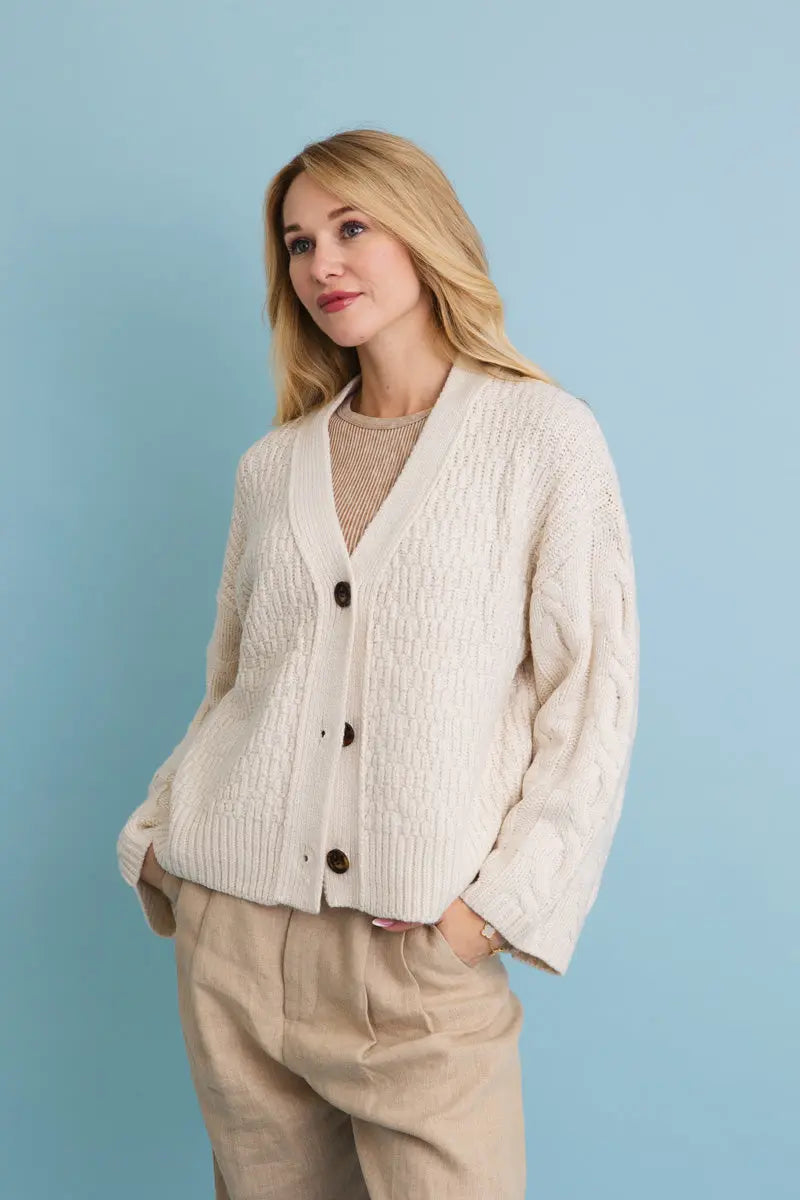 Natural cream button-front cardigan with textured knit and long sleeves; front view.
