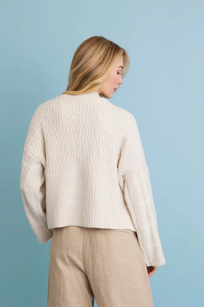 Natural cream textured knit cardigan with button placket; back view.
