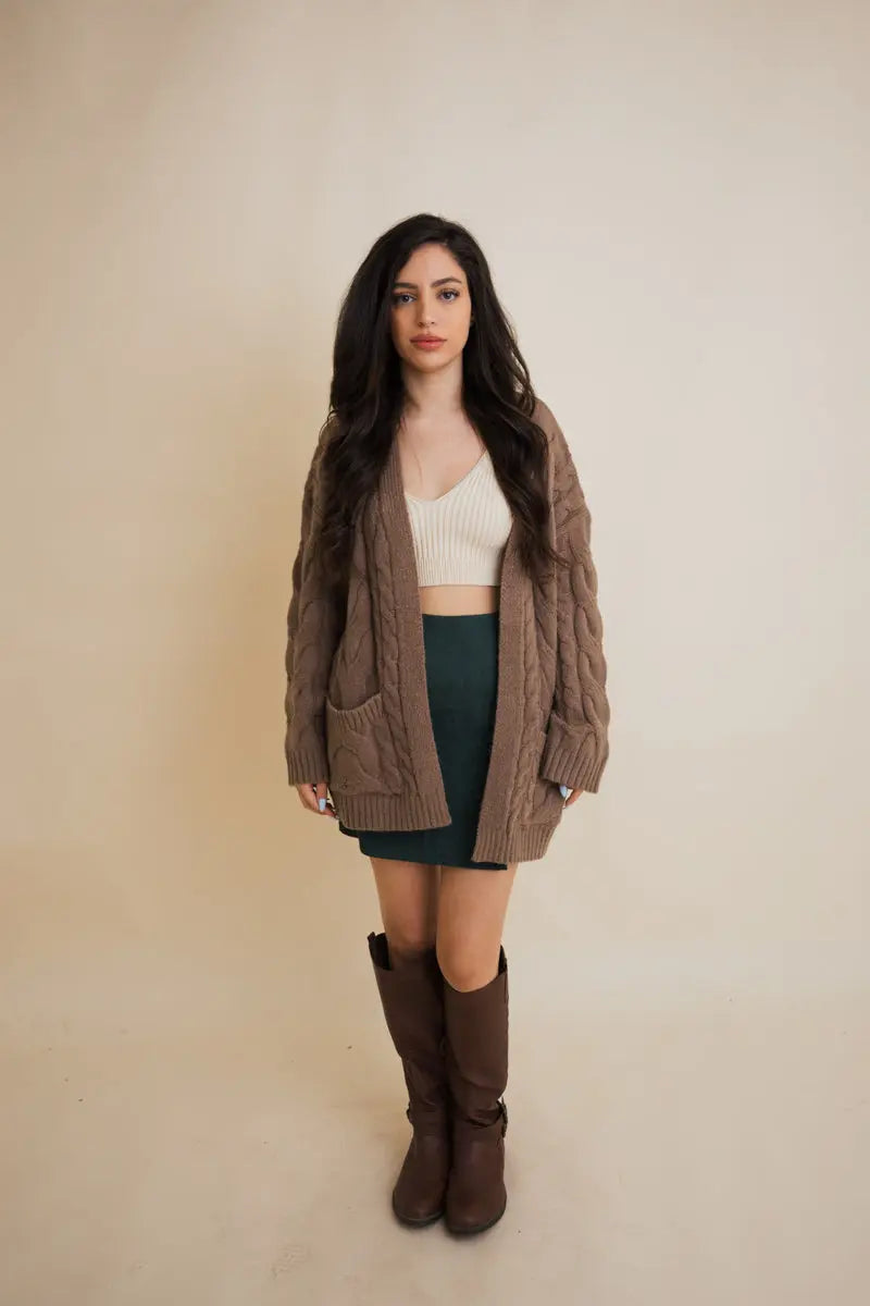 Mocha cable-knit open cardigan with long sleeves and chunky cable texture