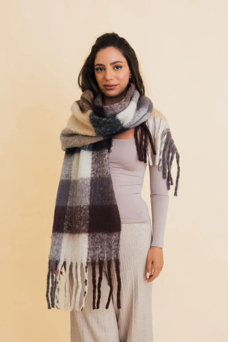 Oversized plaid fringe scarf with chunky tassels in charcoal, lavender, and cream
