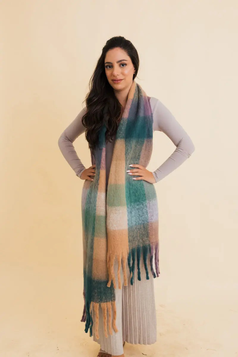 Oversized plaid fringe scarf in teal, mint, and cream with long tassels
