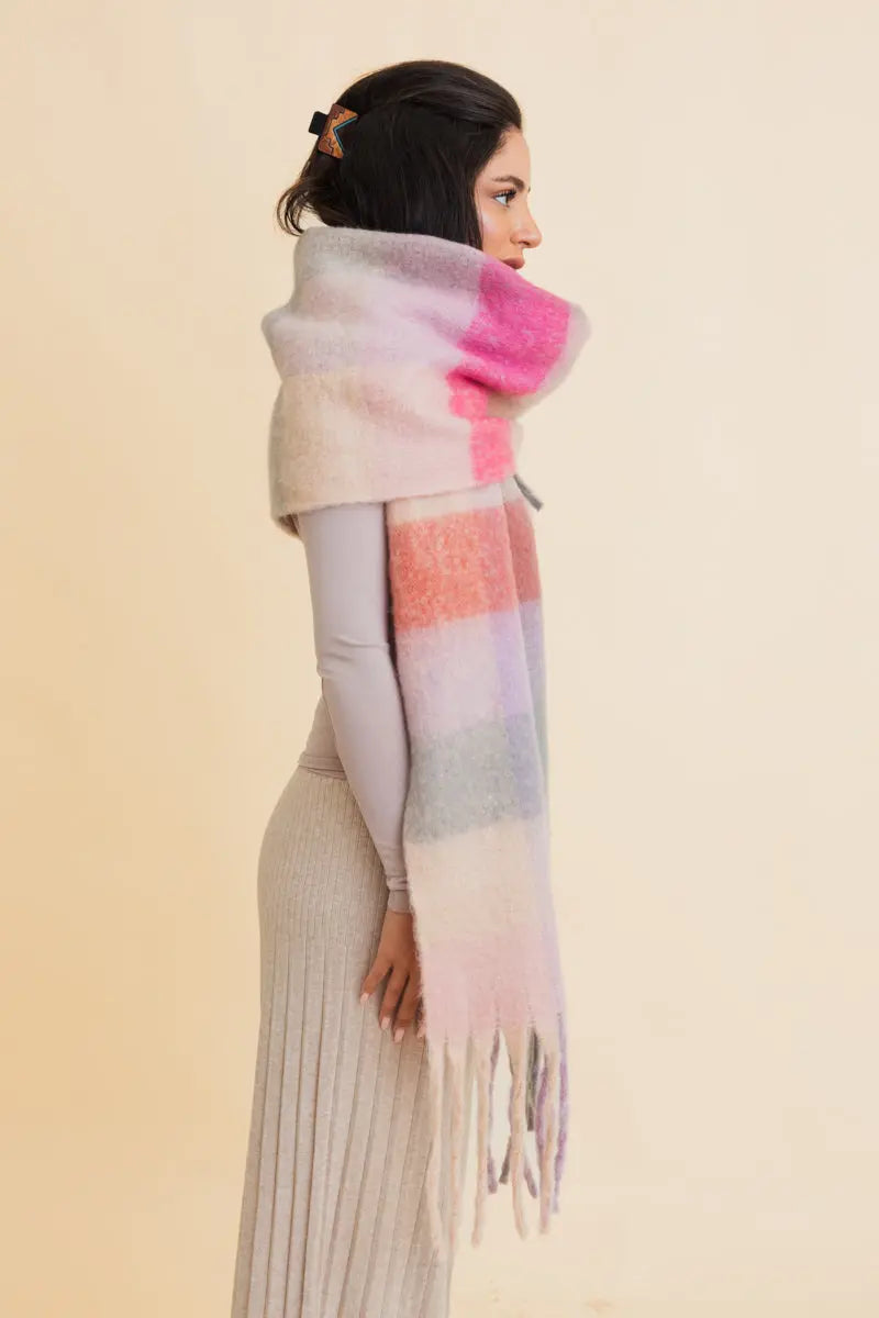 Oversized plaid fringe scarf with soft pink and lavender stripes and long tassels
