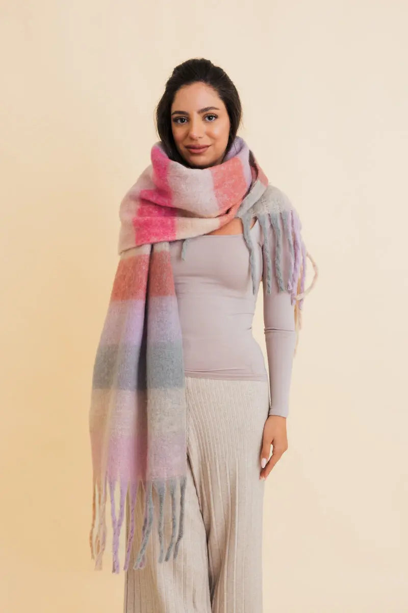 Oversized plaid fringe scarf in pastel pink, lavender, and light gray blocks