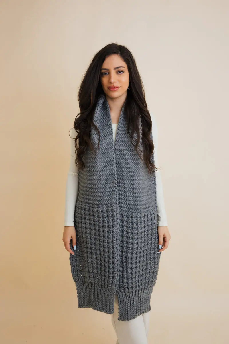 Blue-gray waffle-knit cozy edge scarf with long drape and textured weave