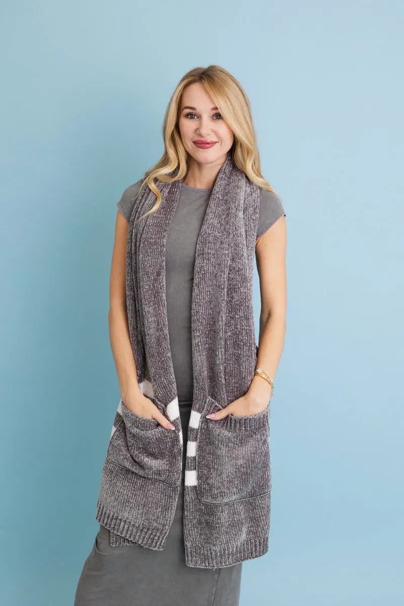 Dark gray chenille pocket scarf with two front patch pockets and white striped trim.
