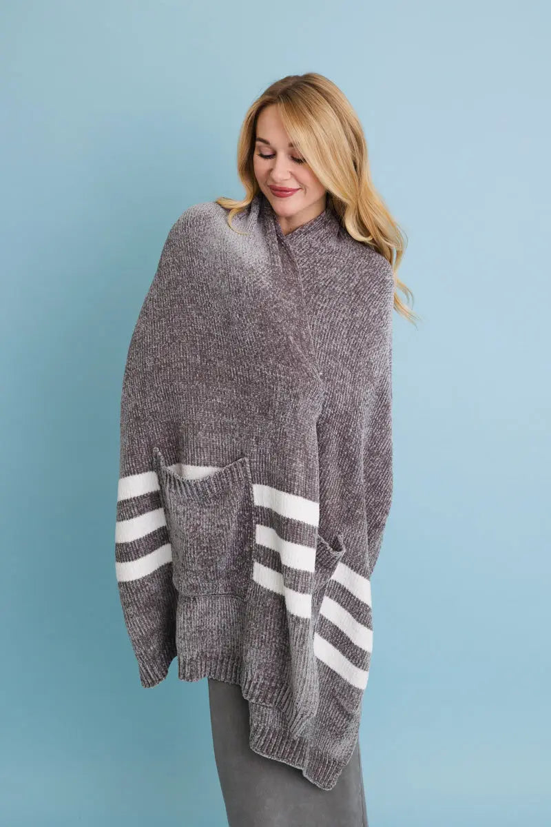 Dark gray chenille pocket scarf with two front patch pockets and white striped accents.