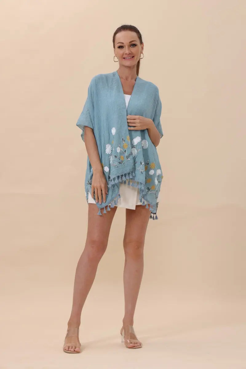 Blue floral embroidered tassel hem kimono cardigan with fringed edges, open front