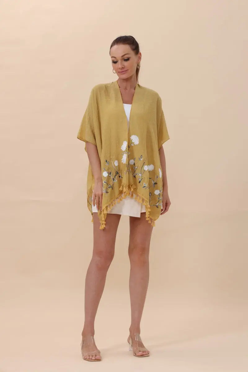 Mustard floral embroidered tassel hem kimono cardigan with open front and fringe