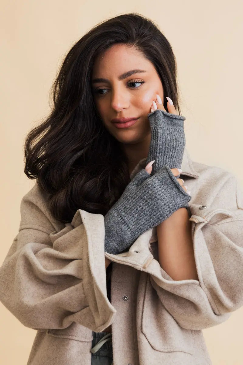 Grey open-finger winter mittens with ribbed texture and exposed fingertips for phones