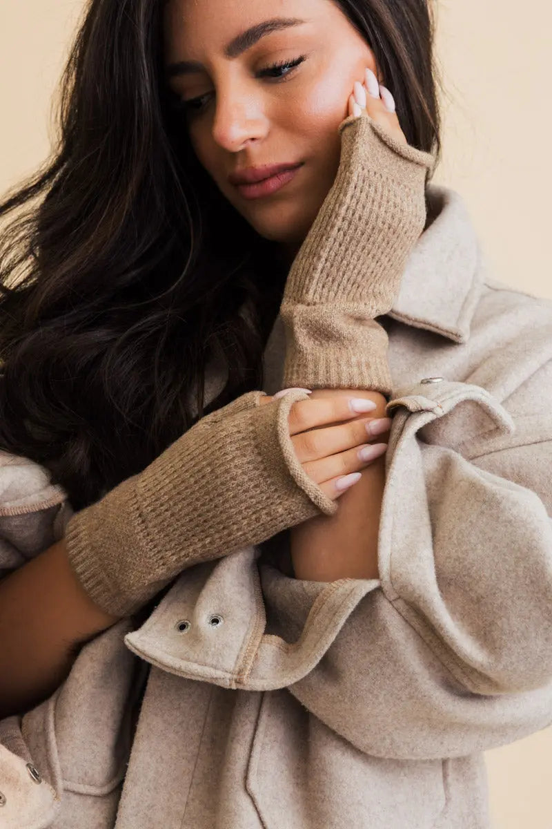 Mocha knit open-finger mittens for winter warmth, phone-friendly finger cutouts