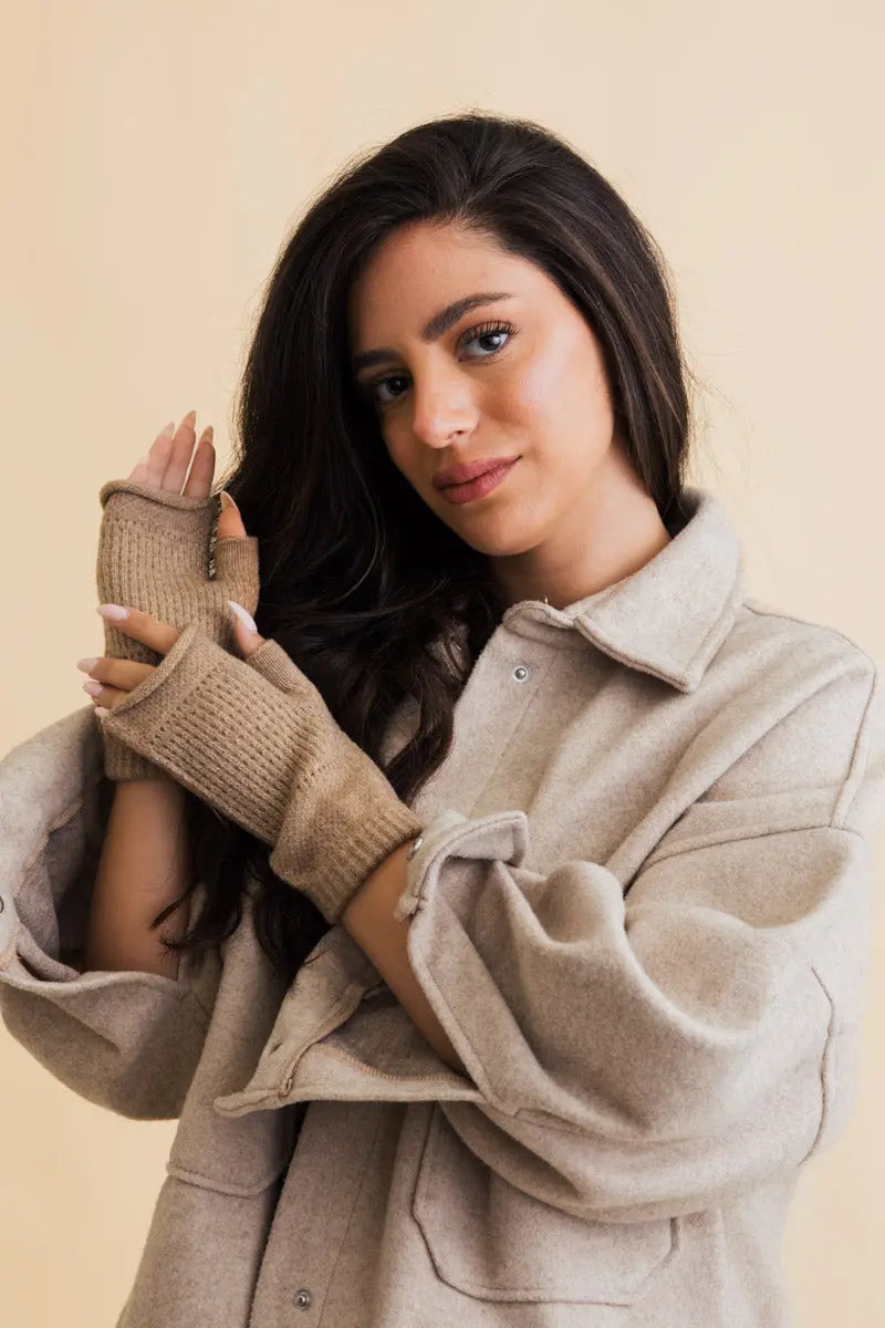 Mocha open-finger winter mittens with textured knit and exposed fingertips for phones
