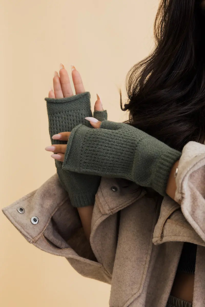 Olive knit open-finger mittens for winter warmth, phone-friendly cutout openings
