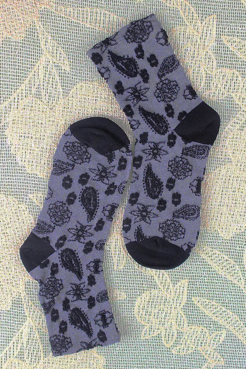 Navy cashew-print crew socks with scattered motif pattern