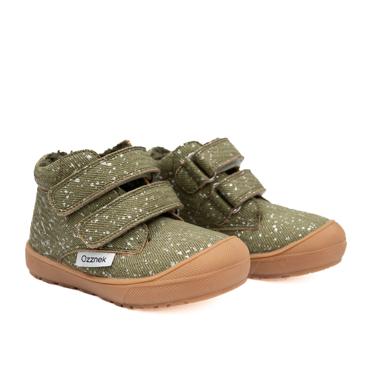 Olive toddler boots with speckled textile, two hook-and-loop straps, sherpa lining.