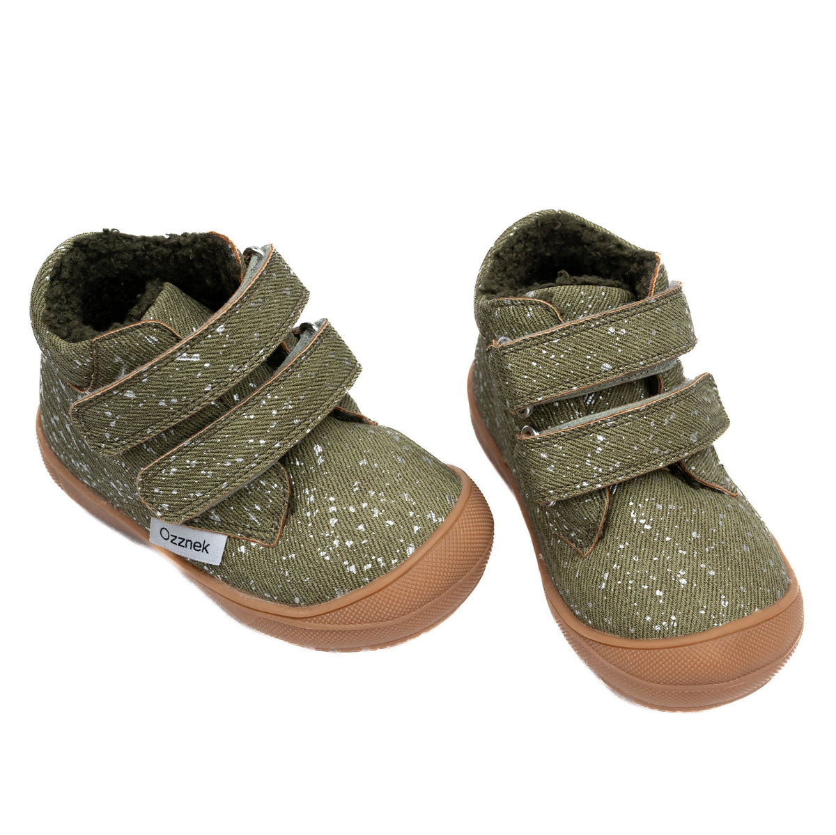 Olive toddler hiker boots, speckled upper, hook-and-loop straps, warm sherpa lining.