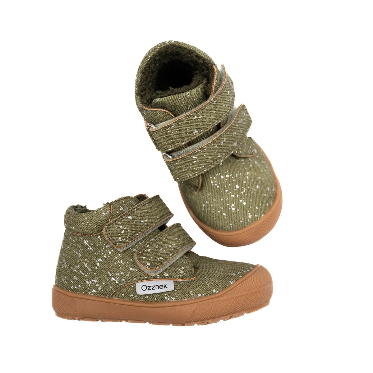 Olive speckled toddler boots with sherpa lining and adjustable hook-and-loop closure.