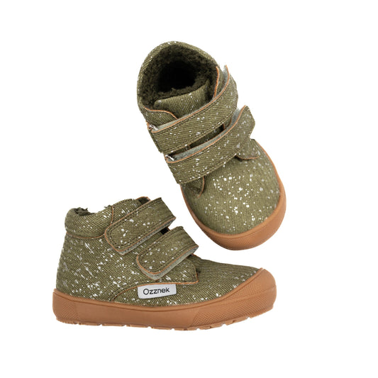 Olive speckled toddler boots with sherpa lining and adjustable hook-and-loop closure.