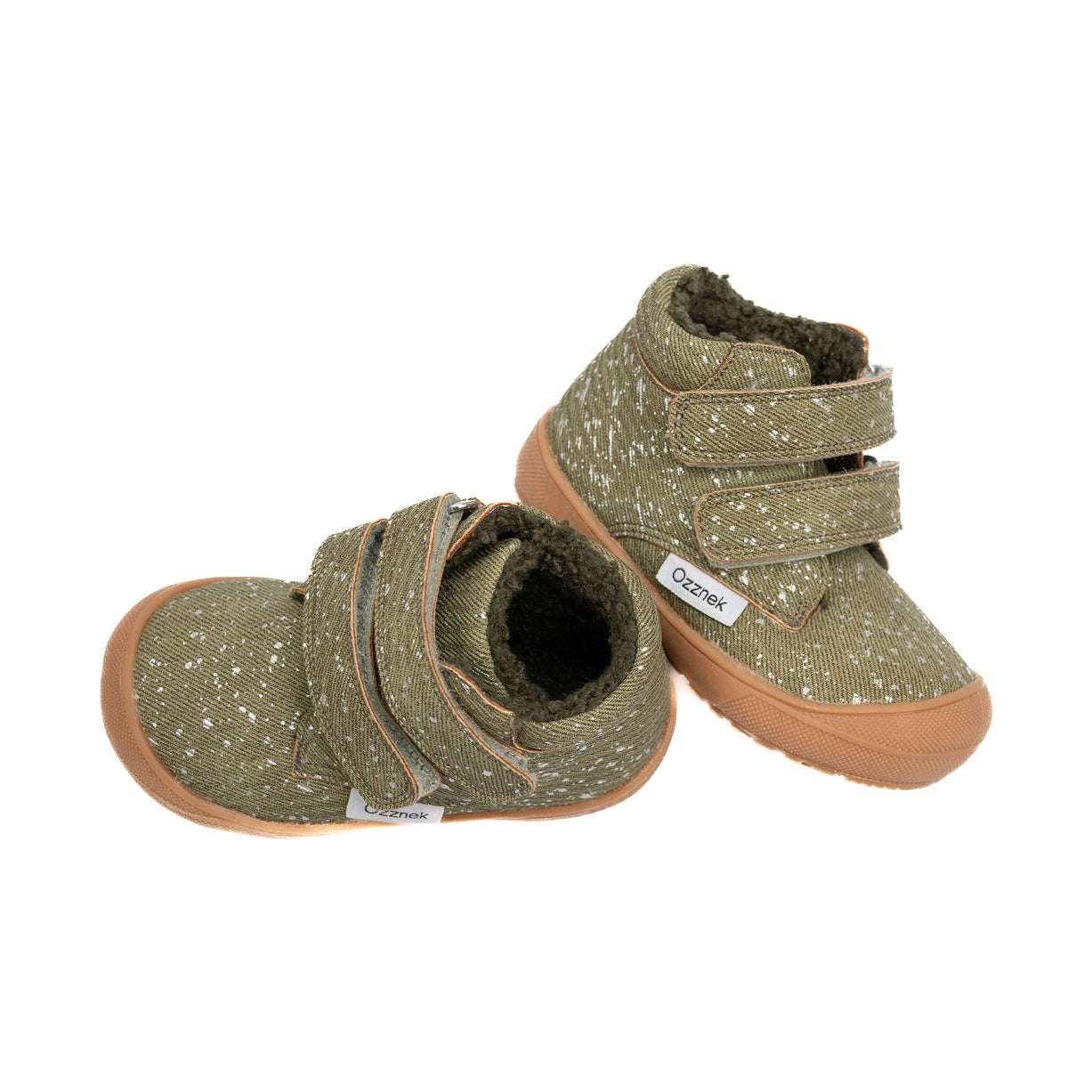 Olive toddler boots with speckled uppers, hook-and-loop straps, plush sherpa interior.