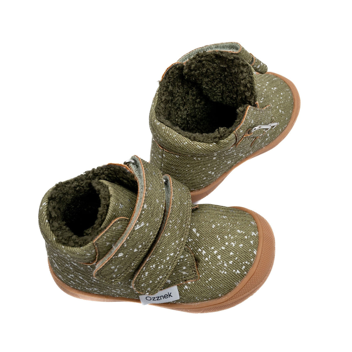Olive toddler boots with speckled fabric and open plush sherpa lining at the collar.