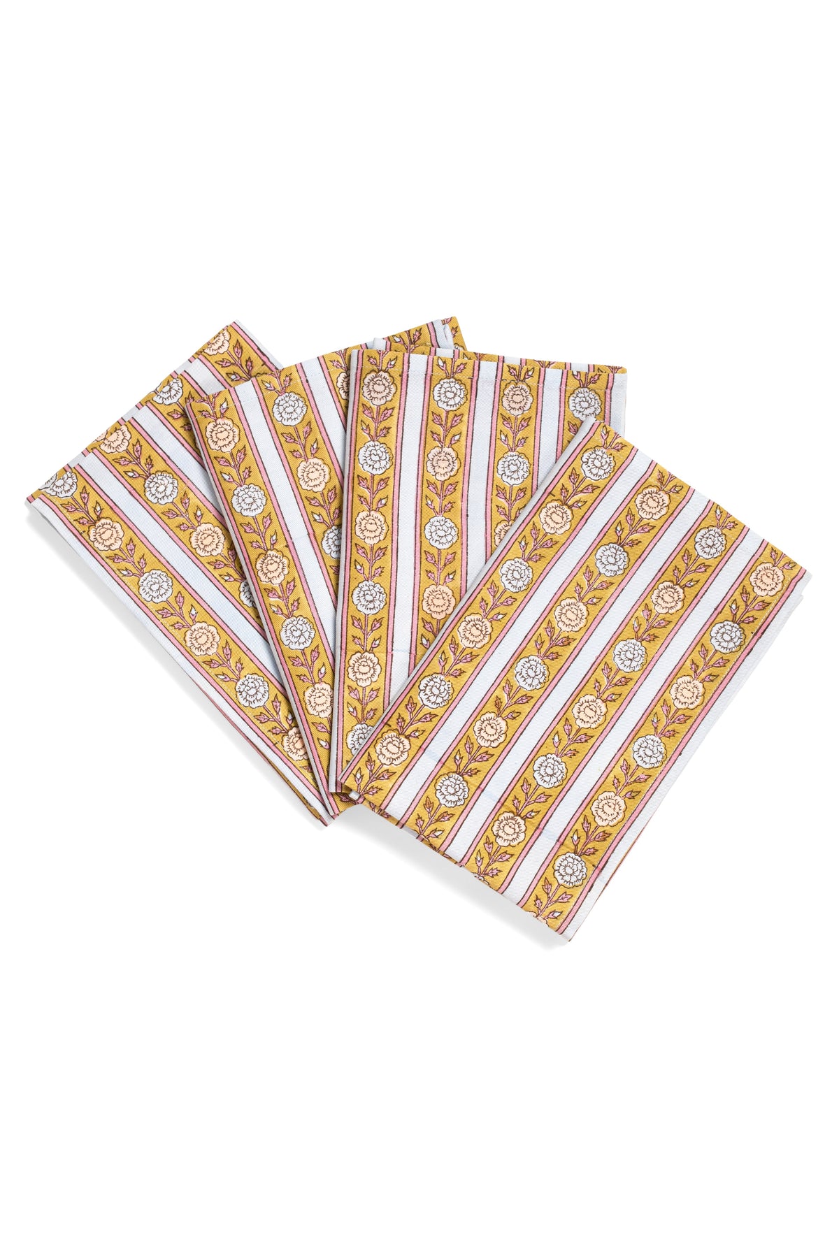 Set of 4 vintage floral stripe napkins in orange and yellow stripes, fan-folded