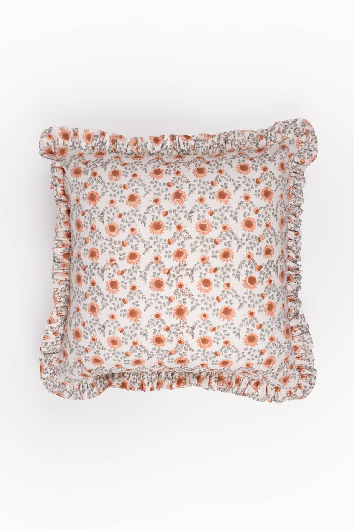 Apricot-orange floral ruffle pillow cover with gathered edge, light blue base
