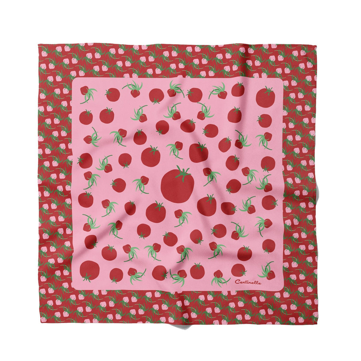 Tomato-print cotton silk bandana with red border and pink center, all-over fruit pattern