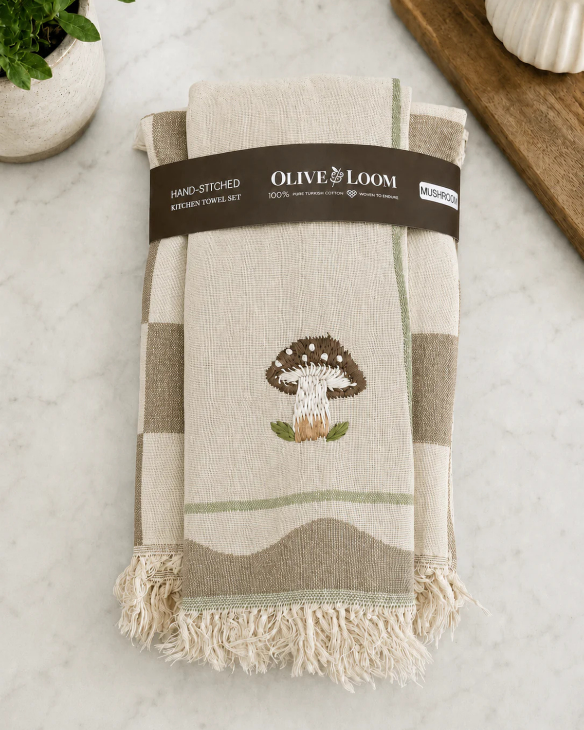 Hand-stitched tea towel set with mushroom embroidery, check plaid and green border