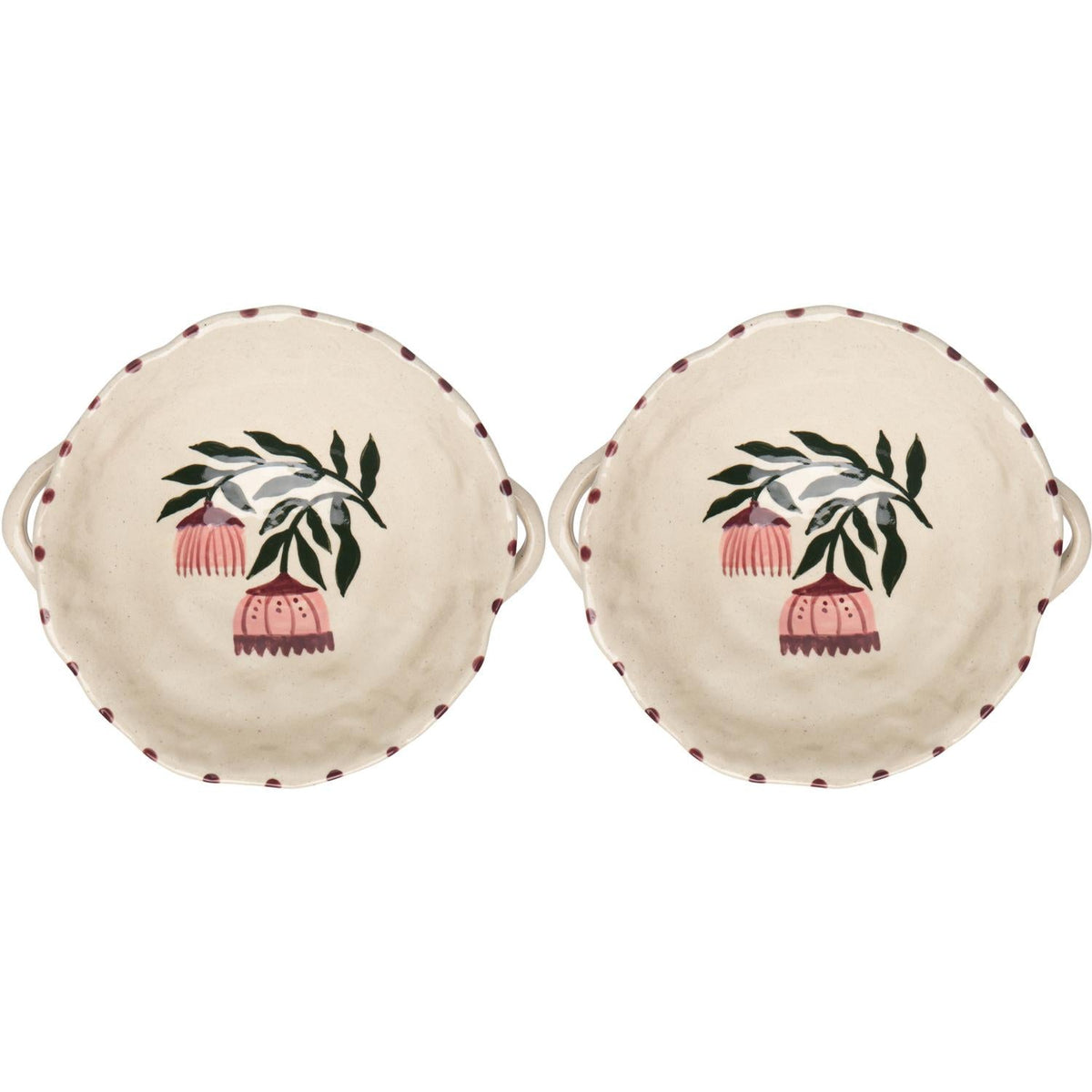 Set of 2 cream footed bowls with green and pink botanical print, scalloped edges.