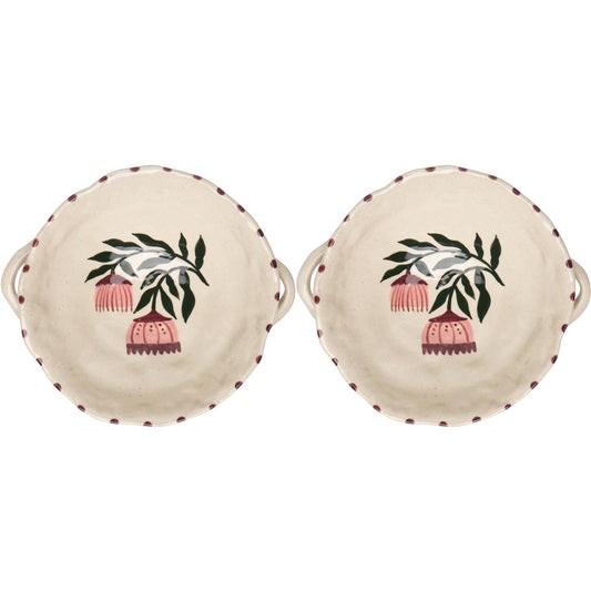 Set of 2 cream footed bowls with green and pink botanical print, scalloped edges.