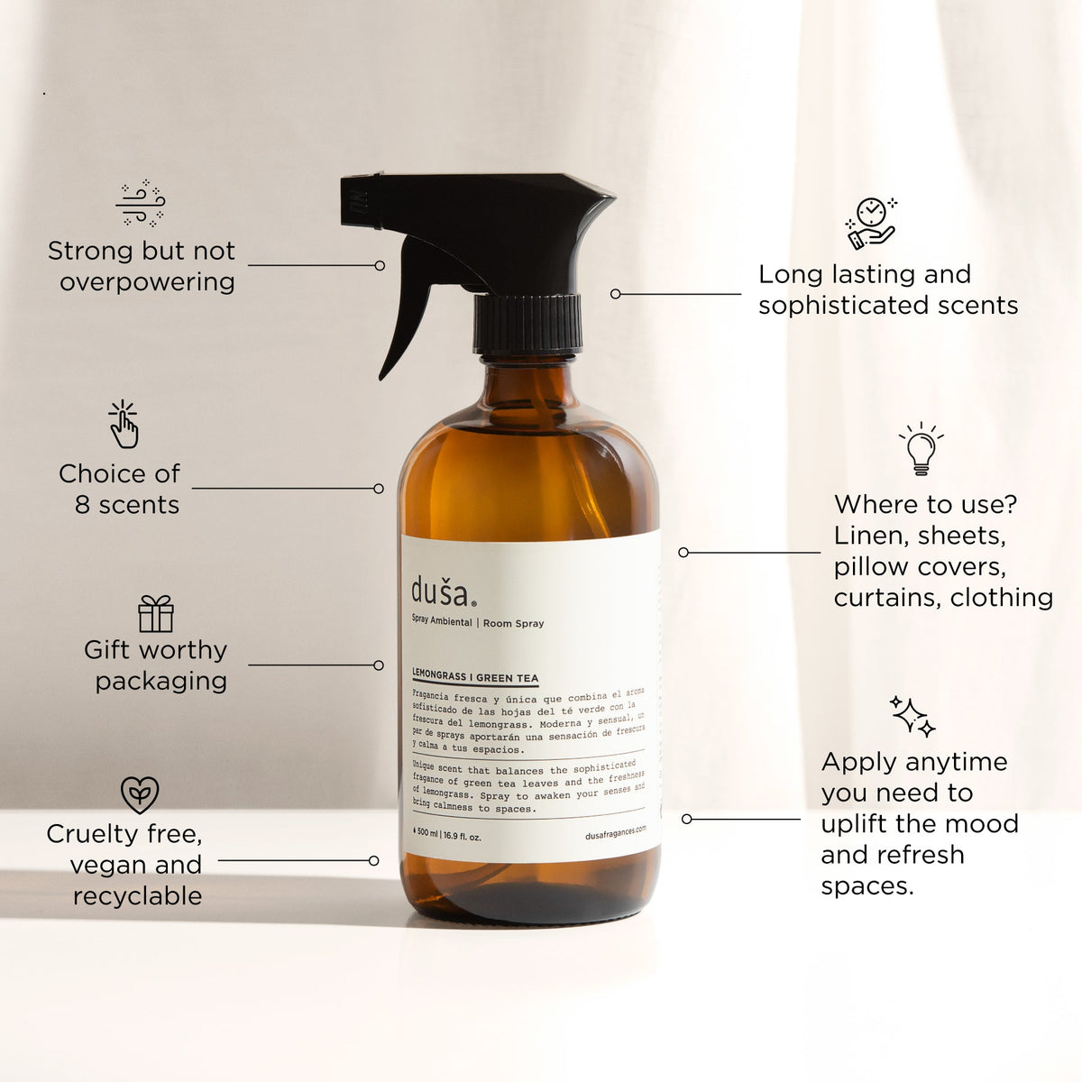 Amber room and linen spray bottle with black trigger sprayer and cream label
