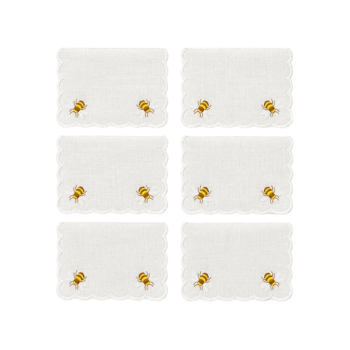 Set of six white cocktail napkins, scalloped edge, embroidered honey bees