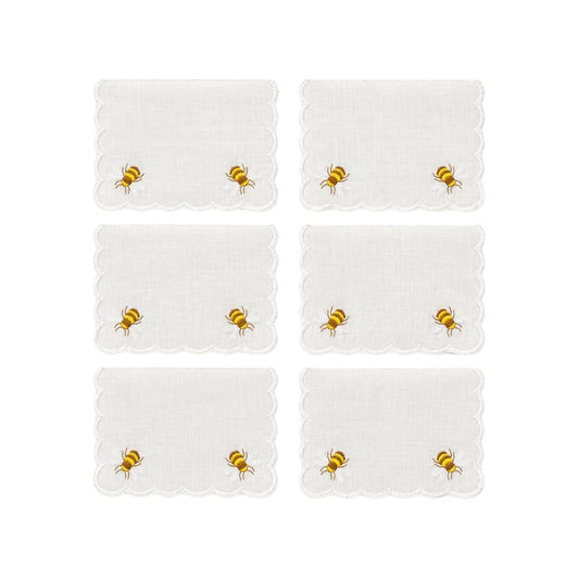 Set of six white cocktail napkins, scalloped edge, embroidered honey bees