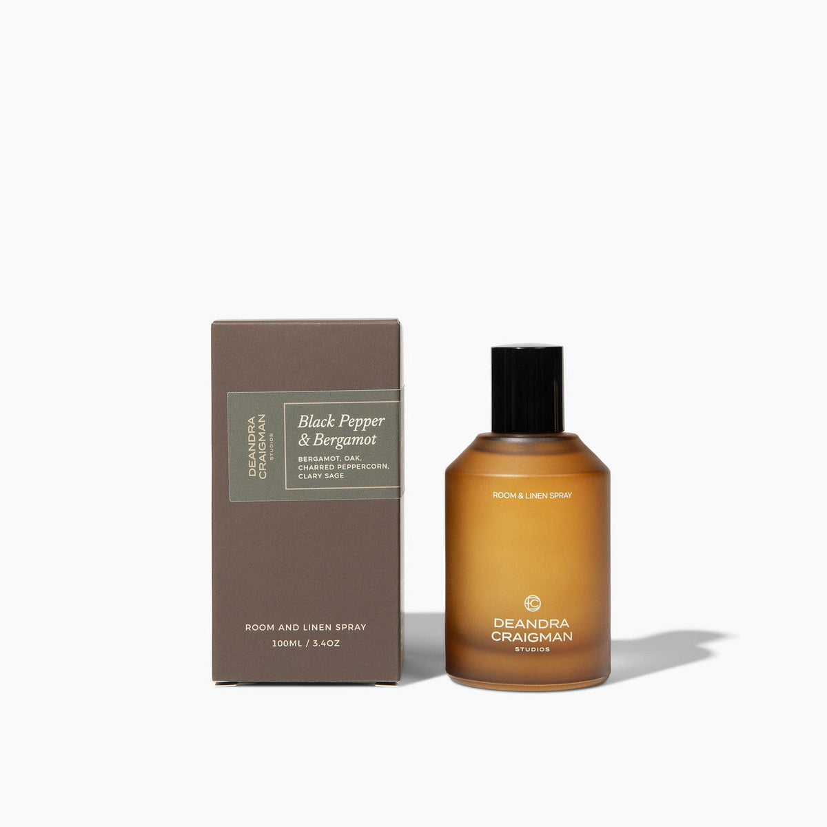 Room and linen spray bottle and box, amber bottle with black cap