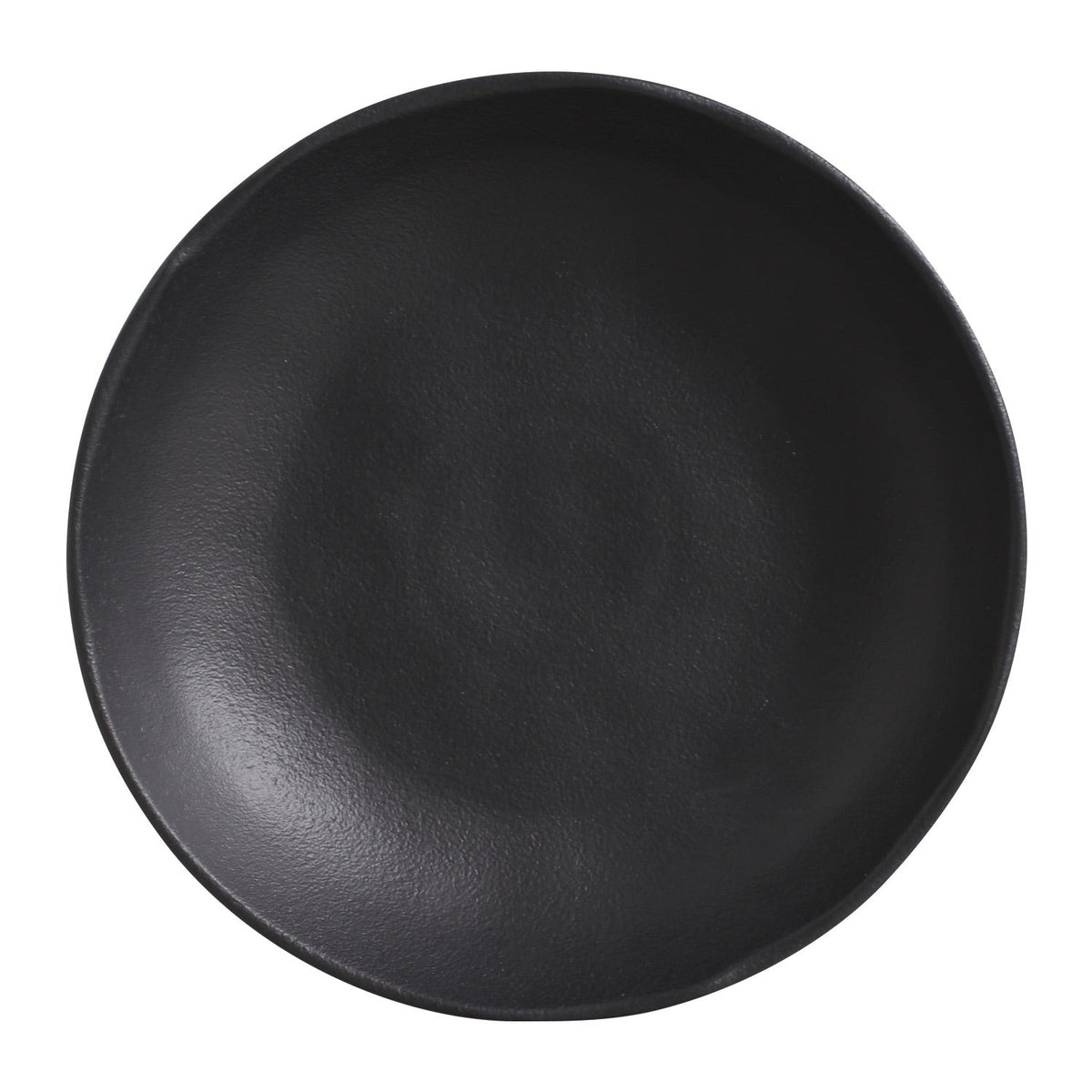 Black reactive-glaze pasta plate top view with textured speckled finish