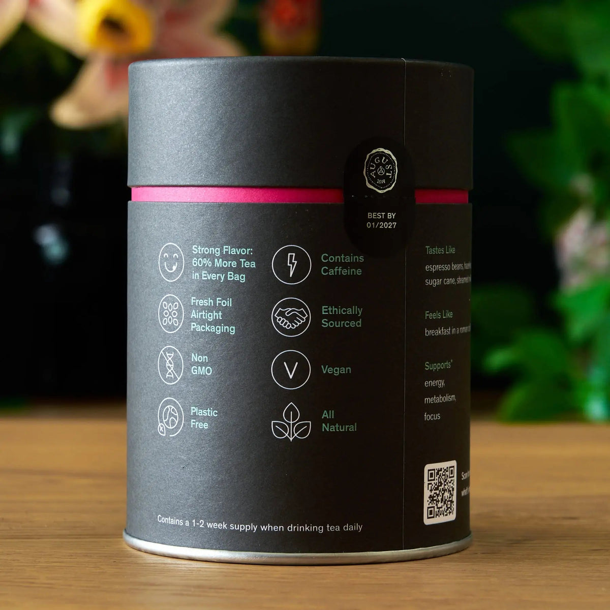 Back of the black tea tin with ingredient and product information.