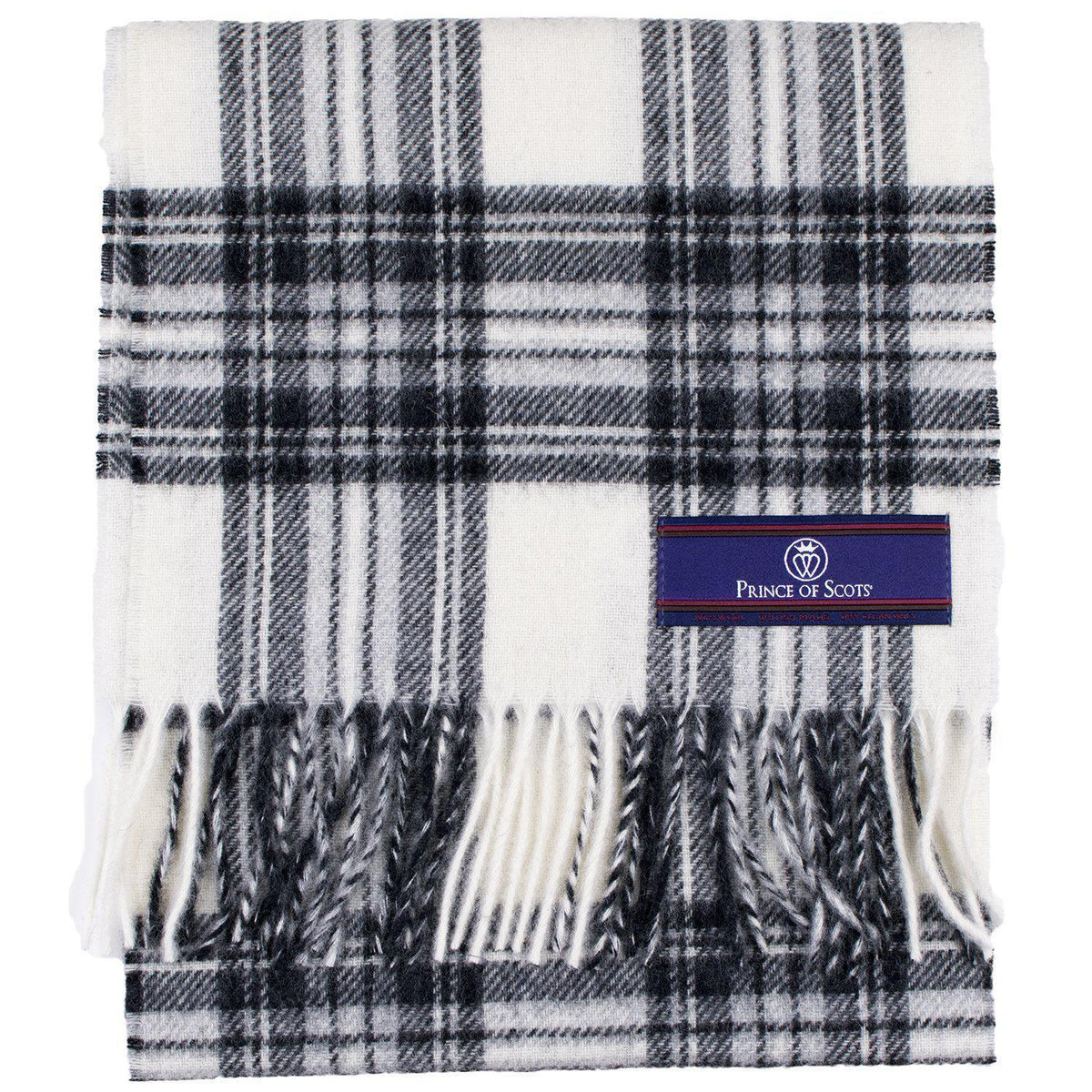 Merino lambswool tartan scarf close-up with grey and black plaid and brand patch