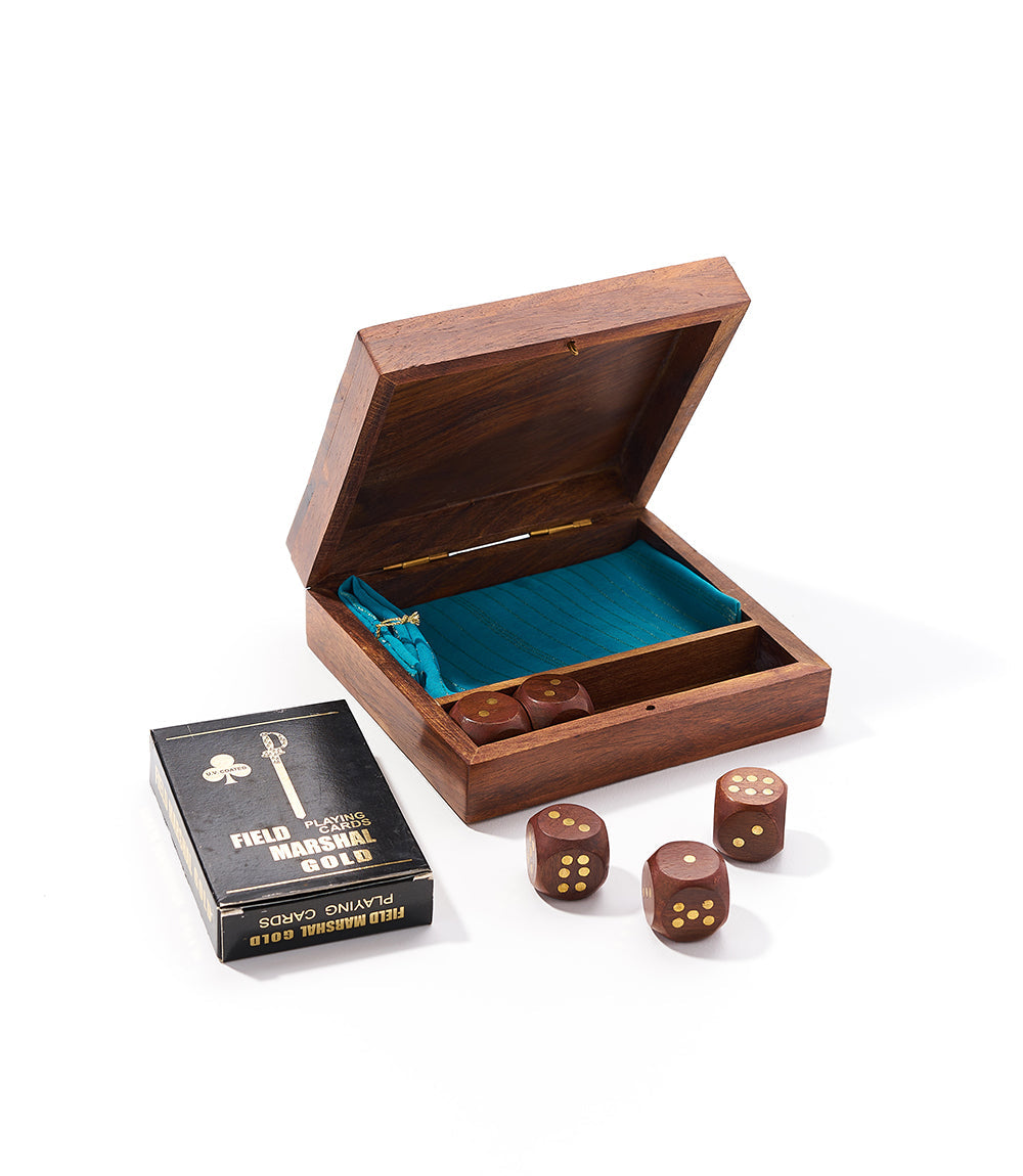 Handcrafted wooden game box with open lid, teal insert, playing cards and dice