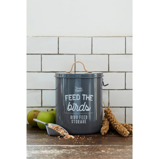 Charcoal bird feed storage tin with lid handle, front text branding, and metal hook