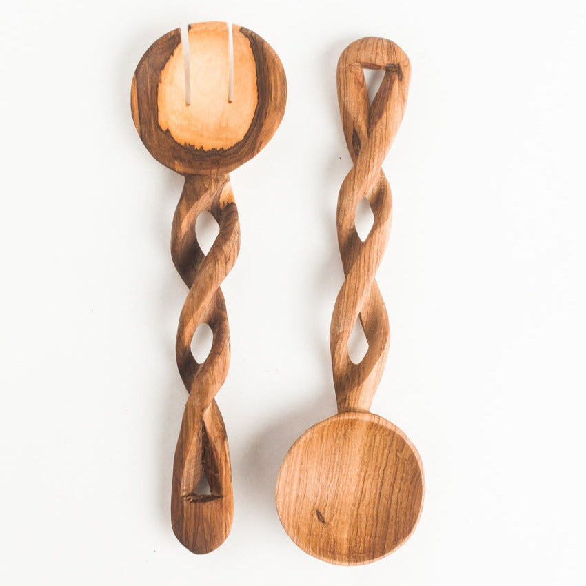 Olive wood spiral serving spoons with round scoops and carved oval cutouts (pair).
