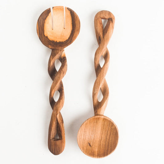 Olive wood spiral serving spoons with round scoops and carved oval cutouts (pair).