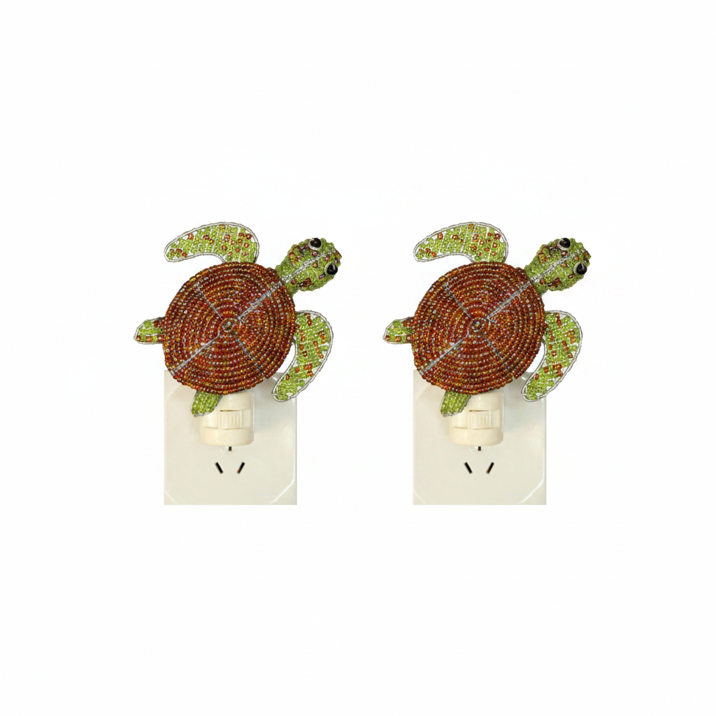 Set of two sea turtle night lights with beaded orange shells and green flippers