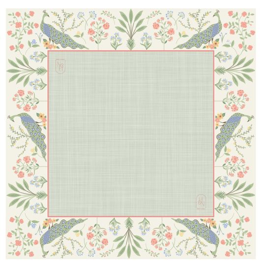 Peacock garden mahjong mat with floral border and central gray game grid