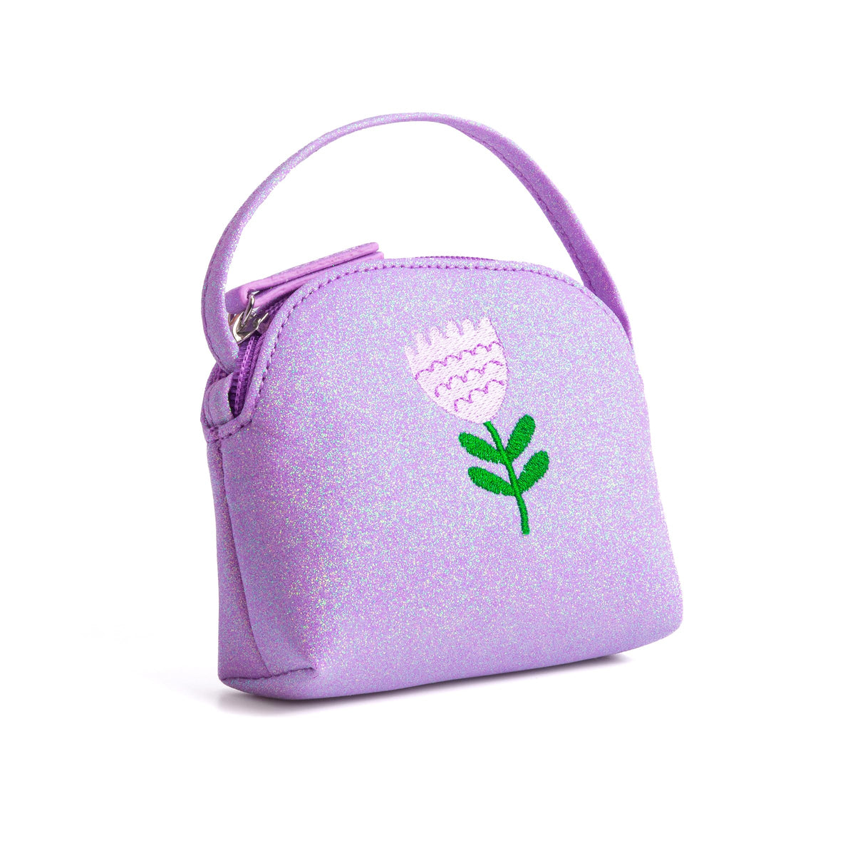 Purple glitter purse with top handle, zipper, and embroidered flower