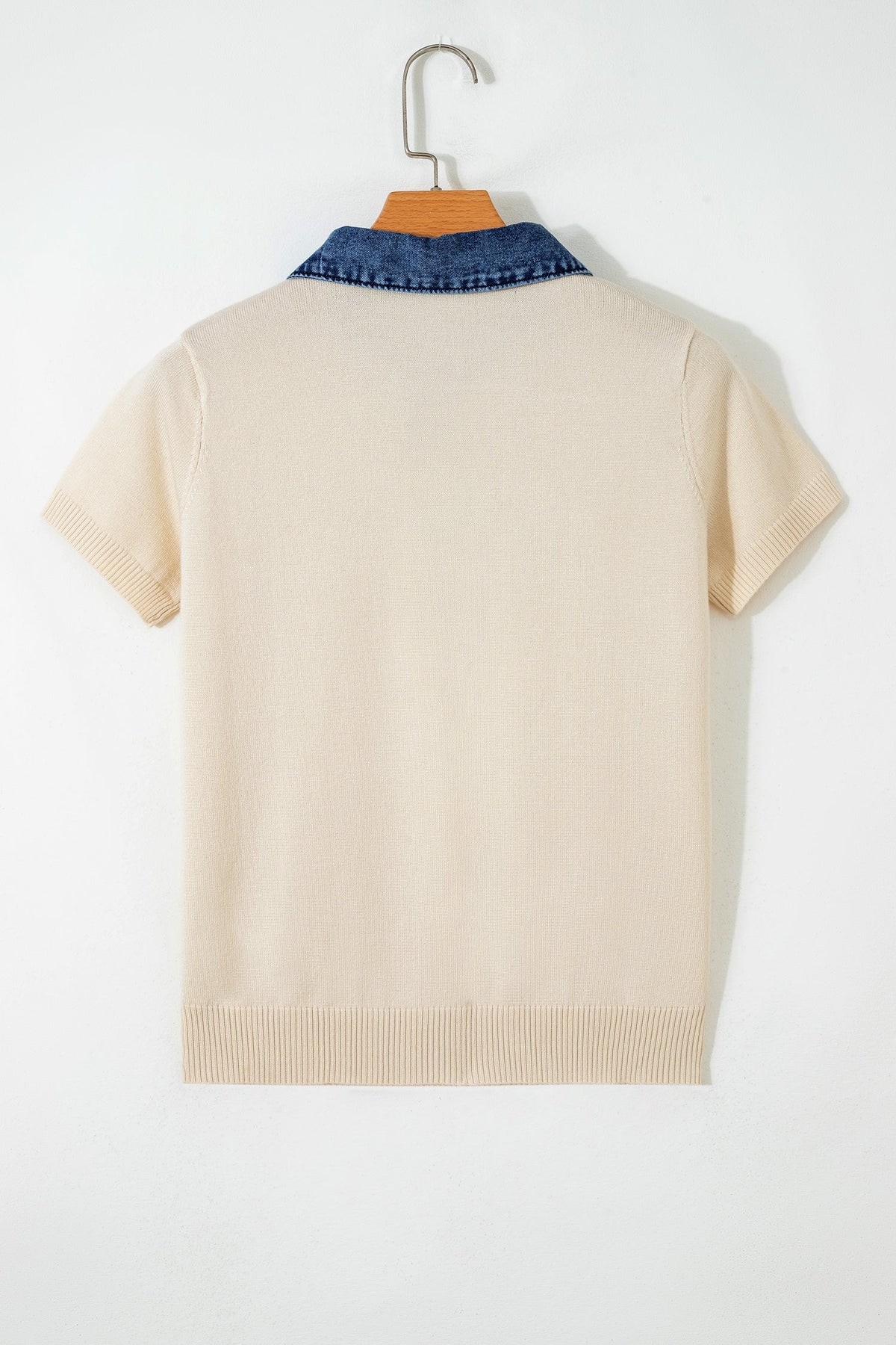 Denim Patchwork Polo Collar Short Sleeve Sweater