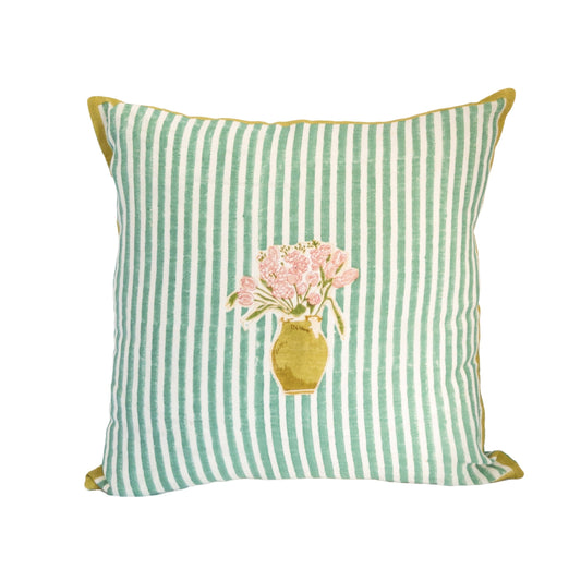 Green striped decorative pillow with floral bouquet applique and yellow piping edges