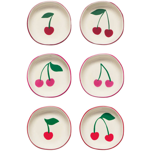 Ceramic pinch bowls set with red cherry print and pink rim trim