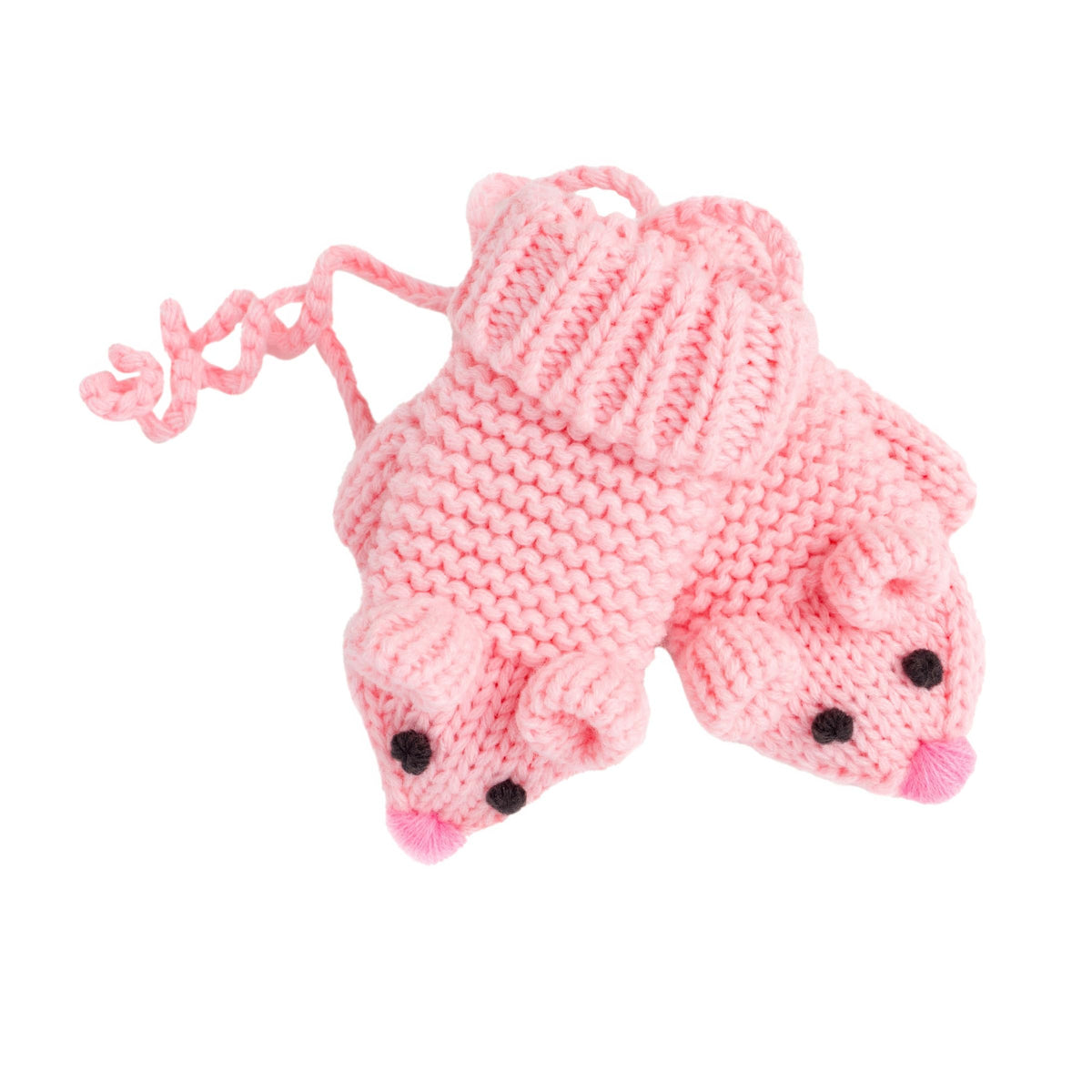 Pink knit mouse mittens with ears, faces, and a connecting string