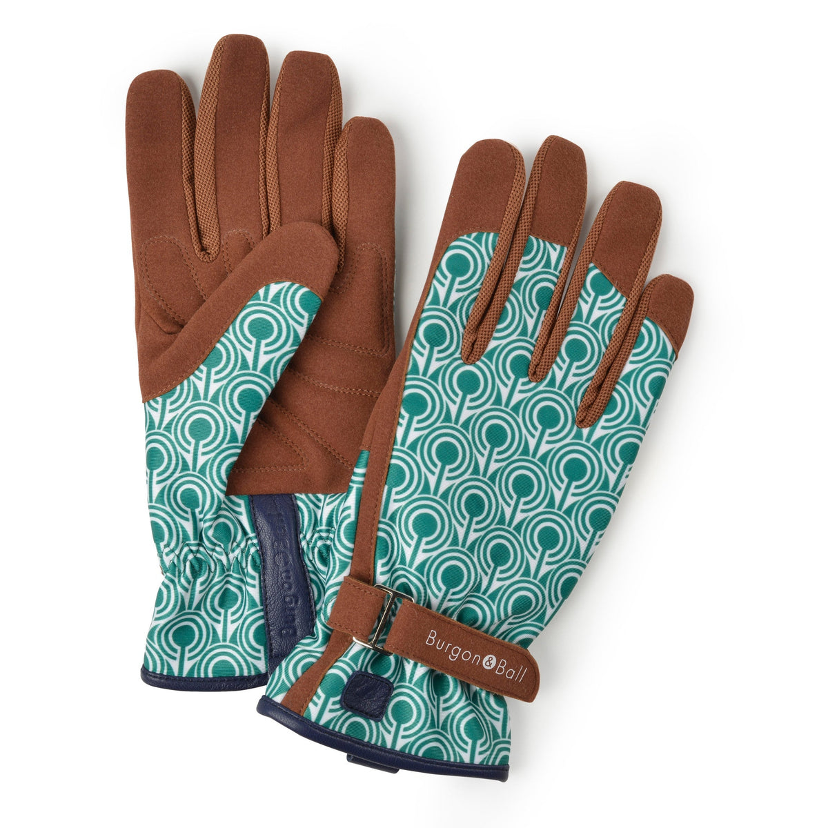 Garden work gloves, teal repeating circle pattern with brown palms and wrist cuff