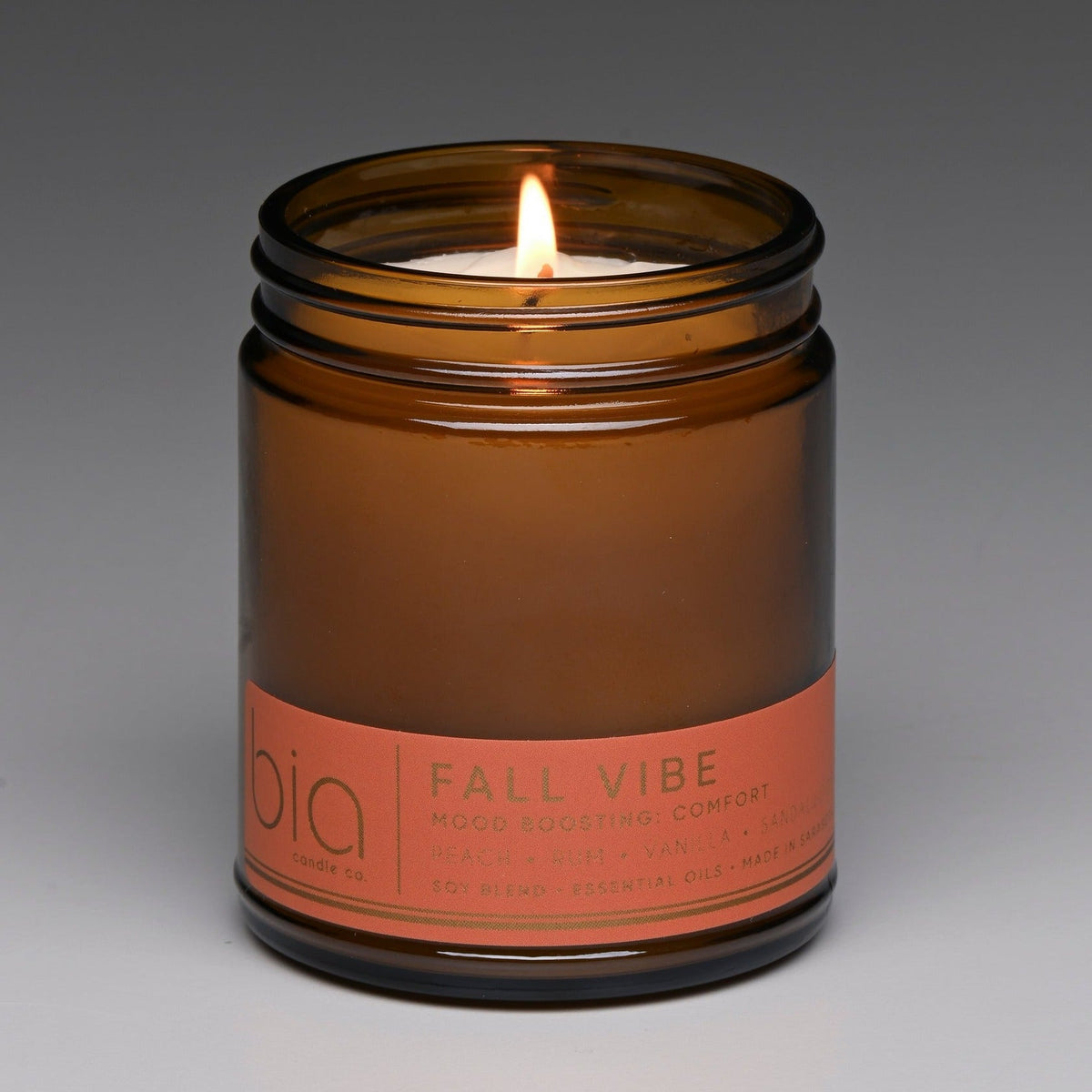 Amber soy blend candle in glass jar, lit wick, 'bio' Fall Vibe label